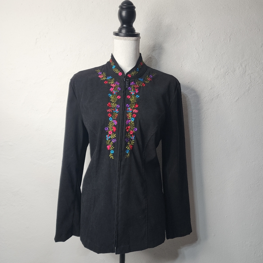 Elementz Embroidered Floral Mandarin Collar Jacket‎ L Vintage Style